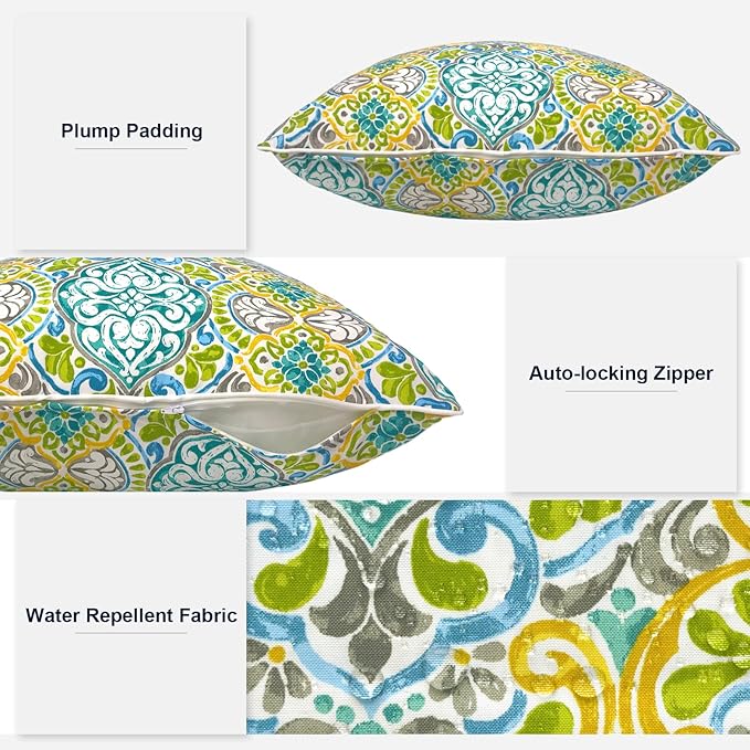 Outdoor Throw Pillow Covers Pack of 2, Decorative Water Repellent Square Pillow Cases 18x18 Inch, Patio Pillowcases for Home Patio Furniture Use, Damask Green