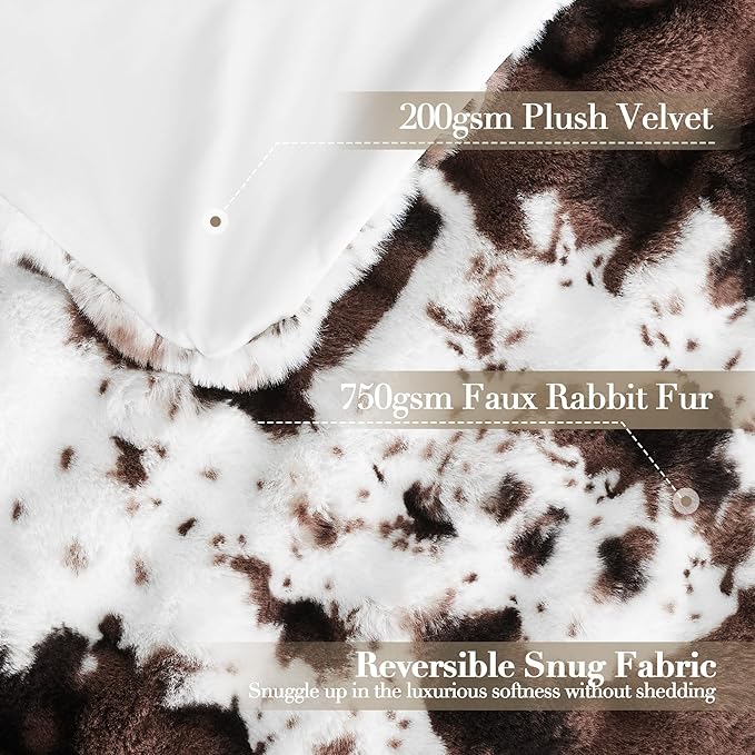 Ultra Plush Bubble Faux Rabbit Fur Blanket – 950GSM Thick Fluffy Throw Blanket for Bed, Couch, Sofa, or Gift, 50" × 60", Brown Cow