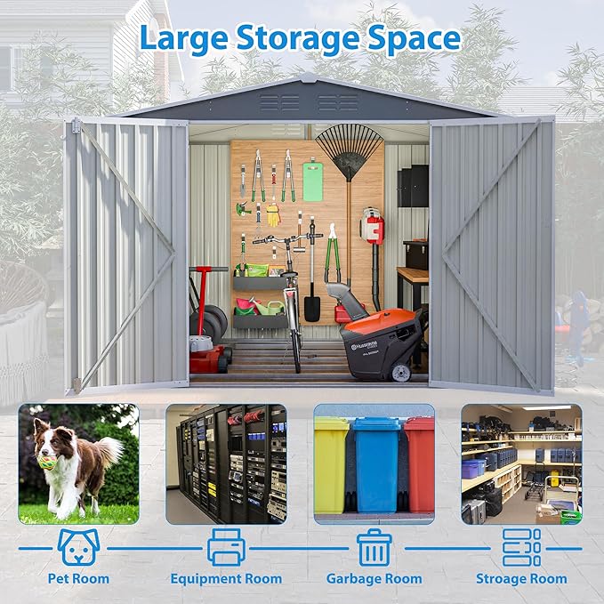 8 x 6 FT Outdoor Storage Metal Shed, Bike Garden Tool Shed with Slooping Roof, Lockable Doors and Aluminum Frames, Shed Easy to Assemble for Garden, Patio, Lawn, Grey