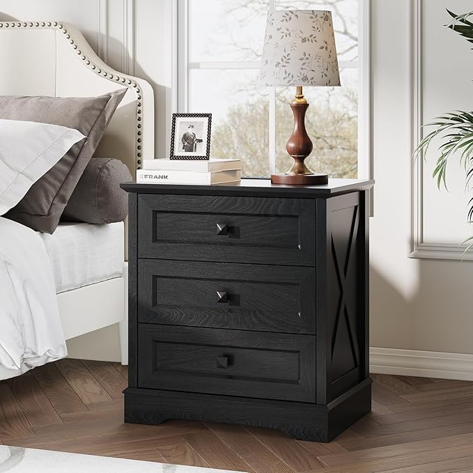 Farmhouse 3 Drawers Dresser for Bedroom, Rustic Small Chest of Drawers with Charging Station, Wood Closet Organizers, Black Modern Tall Nightstand/End Table for Bedroom, Living Room, Entryway