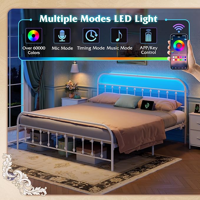 WLIVE Bed Frame King Size, King Size Bed Frame with Storage and Headboard, King Bed Frames with LED Lights and Charging Station, White