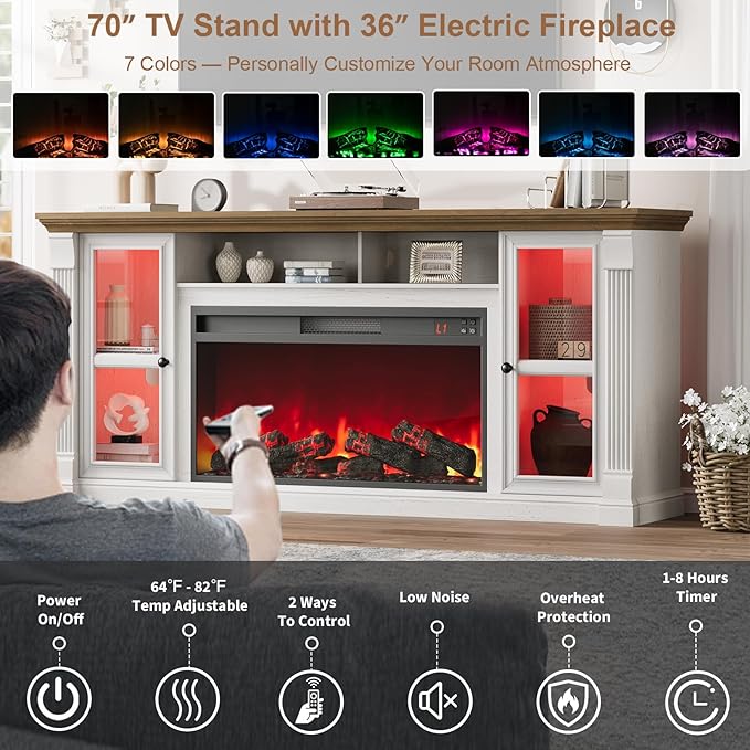 Farmhouse Fireplace TV Stand Up to 80" TVs, 70" Modern Highboy Entertainment Center with 36" Electric Fireplace & LED Lights, Media Console with Adjustable Shelves for Living Room, Antique White