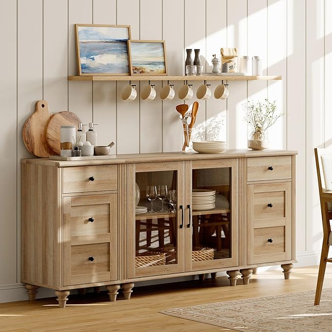 WAMPAT TV Stand for 75 Inch TV, Wood TV Cabinet Entertainment Center with Charging Station, Glass Door Buffet Cabinet for Dining Room, Oak