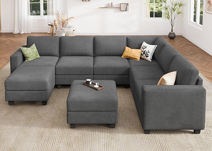 HONBAY Corduroy Sectional Couch with Storage U Shaped Sectional Sofa Modular Sectional Couches for Living Room, Dark Gray