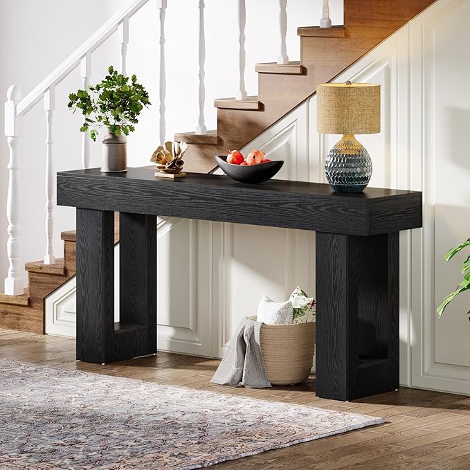 Tribesigns 63-Inch Long Console Table, Farmhouse Wooden Sofa Table Behind The Couch, Narrow Entryway Table for Entrance, Hallway, Living Room (Black)