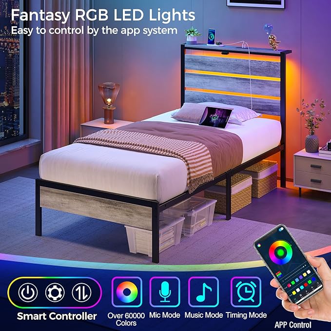 Rolanstar Bed Frame Twin Size with USB Charging Station, LED Bed Frame with Wood Storage Headboard, Light Grey Metal Platform Bed with Under Bed Storage, No Box Spring Needed, Noise Free