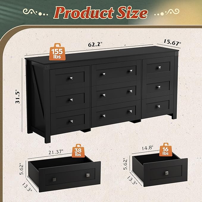 WLIVE Farmhouse Dresser for Bedroom, 63" Wide 9 Drawer Dresser Storage Organizer, Wood Chest of Drawers for Bedroom, TV Stand for 70 inch TV, for Living Room, Hallway, Ball Bearing Slide (Black)