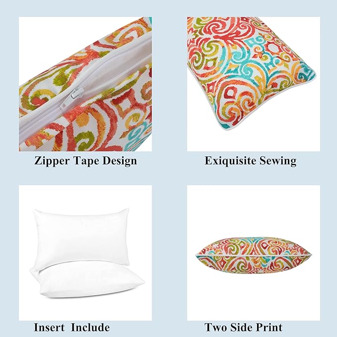 FUNHOME Set of 2 Patio Lumbar Pillows with Insert, 12”x20” Water-Repellent Outdoor Lumbar Pillow, Decorative Garden All Weather Lumbar Cushions for Patio Coach Sofa Use-Corinthian Dapple