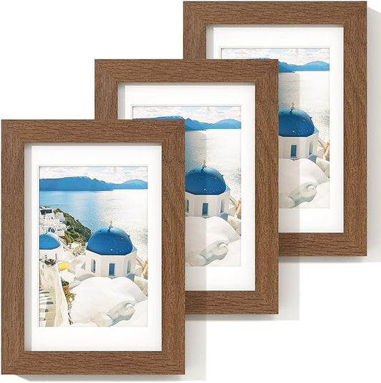 Axeman Solid Oak Wood 4x6 Picture Frame With Mat for 3.5x5 - Hanging Hardware Included, Walnut, 3 PCs