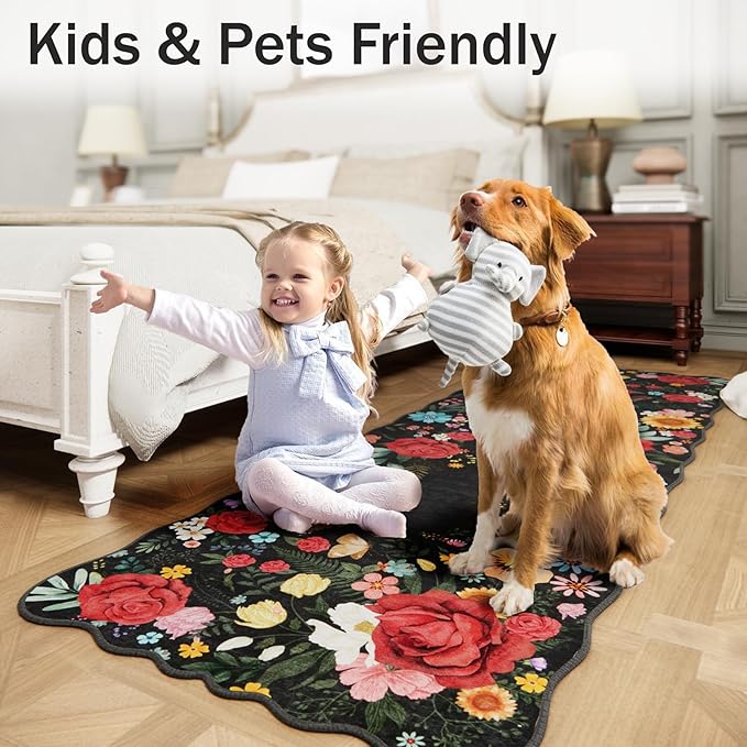 Floral Washable 6'x9' Area Rugs for Bedroom, Soft Lightweight Rug for Living Room Non Slip Dining Room Black Rug, Stain Resistant Boho Vintahe Easy Clean Throw Carpet for Office