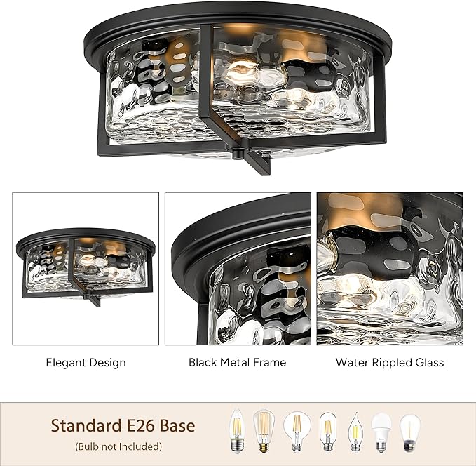 Large Industrial Flush Mount Ceiling Light, 3-Light Modern Close to Ceiling Lights, Hammered Kitchen Ceiling Light for Hallway, Kitchen, Bathroom, Dining Room (Black, 16" D)