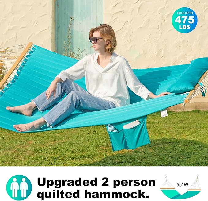Double Quilted Fabric Hammock with Spreader Bar, Fits 12-14ft Hammock Stand, 2 Person 14ft Hammocks for Outside, Large Removable Pillow, Storage Bag, Carabiners, Max 475 lbs Capacity (Aqua)