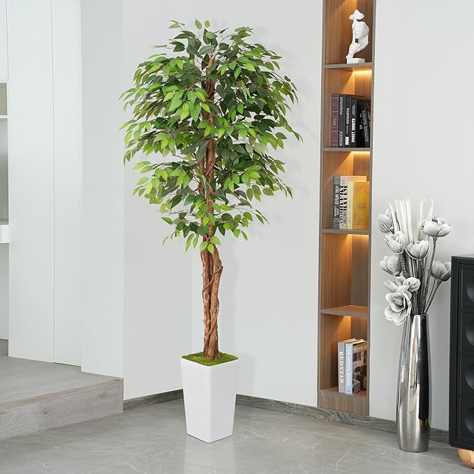 Artificial 7Ft Ficus Silk Tree with Tall Planter - Faux Plants Indoor with Natural Wood Trunk - Large Tall Fake Plants for Home Office Living Room Patio Decor