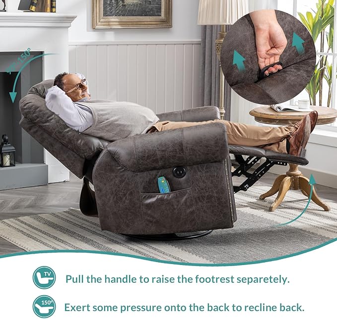 MEETWARM Massage Swivel Rocker Recliner with Heat and Vibration, Manual Glider Rocking Recliner Chair, 360°Swivel Lounge Reclining Chair with Remote Control/USB Ports for Living Room(Gray)