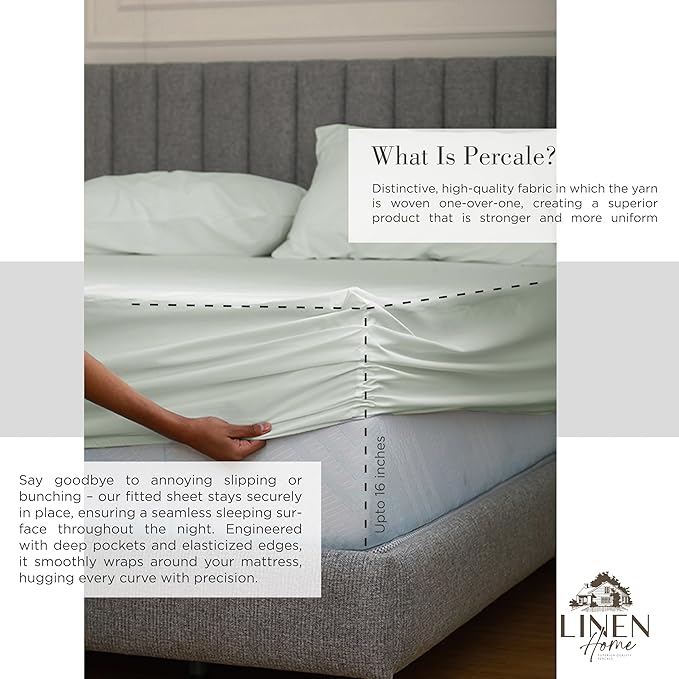 Linen Home 100% Cotton Percale Sheets Full Size, Dove Grey, Deep Pocket, 4 Pieces Set - 1 Flat, 1 Deep Pocket Fitted Sheet and 2 Pillowcases, Crisp Cool and Strong Bed Linen