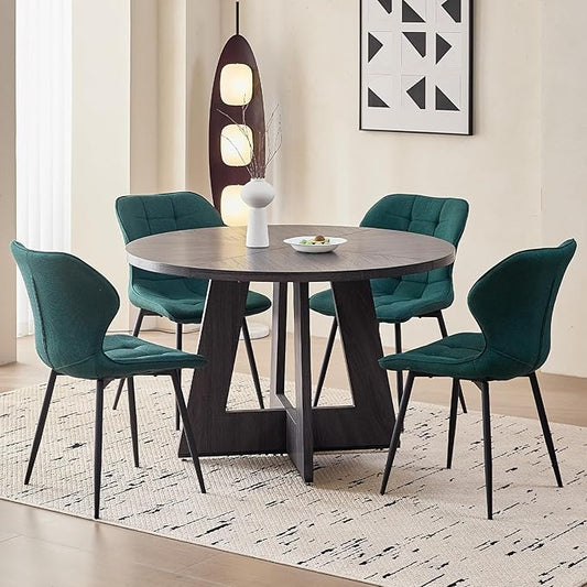 47" Round Dining Room Table Set for 4, [Fanned Base] [1.38" Thick Top] Wood Kitchen Table with 4 Water-Resistant Fabric Dining Chairs