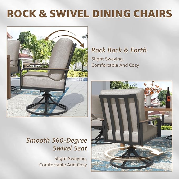 NATURAL EXPRESSIONS 5 Piece Outdoor Patio Dining Sets, 4pcs Swivel Dining Chairs & Square Woodgrain Dining Table with 1.65”Umbrella Hole for Lawn, Garden, Deck, Backyard and Porch