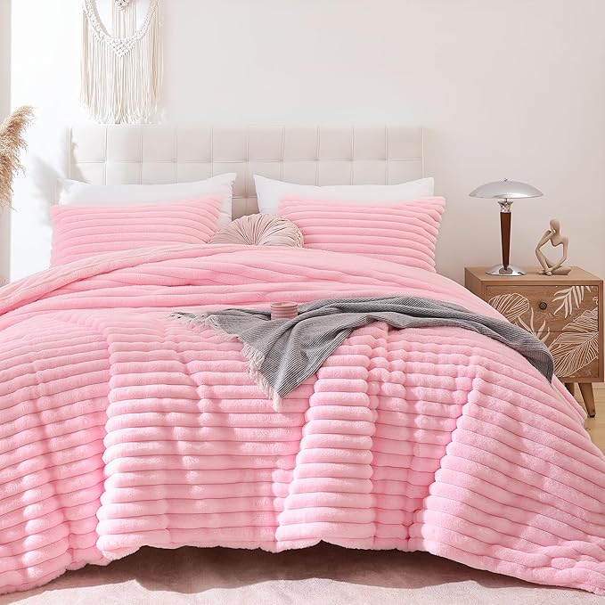 Smoofy Fluffy King Size Comforter Set 3 Pieces - Pink Fleece Fluffy Comforter Set, Luxury Fuzzy King Bedding Set, Soft King Bed Set All Season, Heavy Faux Fur Comforter with 2 Pillow Cases