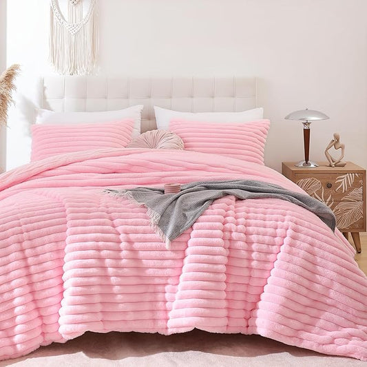 Smoofy Fluffy Queen Comforter Set 3 Pieces - Pink Fleece Fluffy Comforter Set, Luxury Fuzzy Queen Bedding Set, Soft Warm Bed Set All Season, Heavy Faux Fur Comforter with 2 Pillow Cases