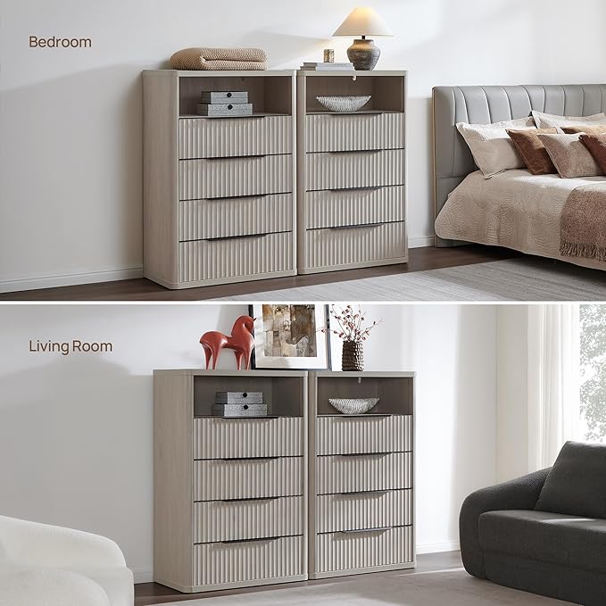 SICOTAS Dresser for Bedroom - Tall Dressers & Chests of Drawers with 4 Drawers Large Modern Dresser for Closet Fluted Wide TV Stand Clothes Closet Storage for Bedroom Hallway Entryway, White Alder