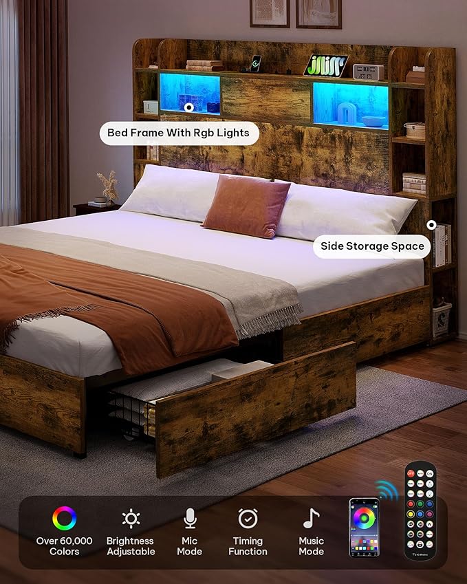 YITAHOME King Bed Frame with Bookcase Headboard and 4 Storage Drawers, RGB LED Lights Bed with Type-C & USB Charging Station Storage Headboard Bed Frame, No Box Spring Needed, Noise Free, Rustic Brown