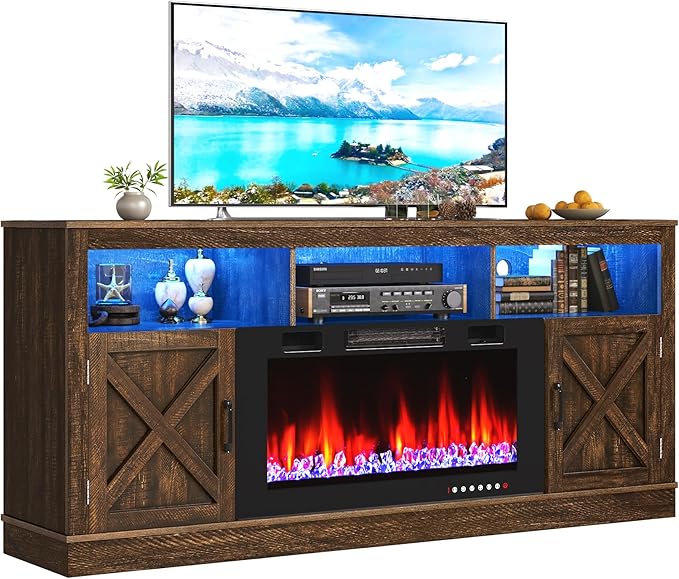 Farmhouse TV Stand with 36" Fireplace for 80" TV, 70" Fireplace Entertainment Center with Barn Doors and LED Light, Tall TV Stands for Living Room, Brown