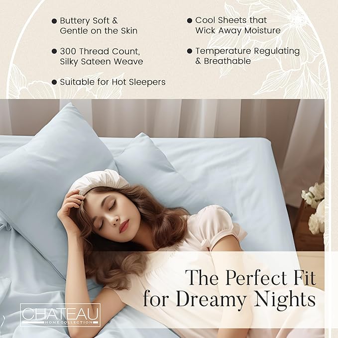 300 Thread Count 100% Organic Cotton Twin Bed Sheets Set,15" Deep Pocket Light Blue Sheets Twin, Soft & Comfy Machine Washable Luxury Blue Bedding, No Pilling & Shrinkage Fade Resistant Premium Cotton