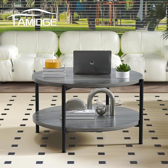 Coffee Table, 2 Tier Coffee Tables for Living Room, Round Coffee Table with Storage, Floor Table for Bedroom, Home Office, Rustic Brown (27.6" D x 18.1" H)