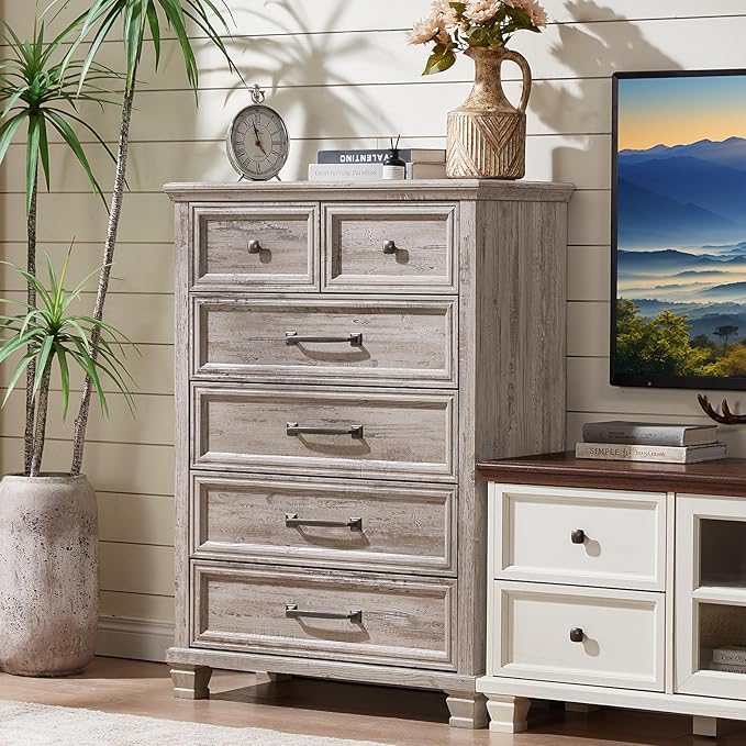 Farmhouse 6 Drawer Dresser for Bedroom, 45 Inch Tall Vintage Wood Chest of Drawers, Rustic Dressers w/Square Wooden Legs, Mid-Century Storage Organizer for Living Room, Hallway, Grey