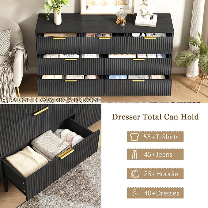 CARPETNAL Fluted 7 Double Drawers Black Dresser for Bedroom, 55”Wide Modern Chest of Drawers with Deep Drawers,Wood Drawer Organizer for Bedroom Living Room, Hallway, Black