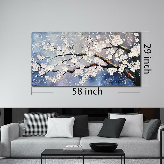 Plum Blossom Painting Wall Decor for Bedroom Women Modern Wall Art for Office Blue and White Wall Art for Living Room Large Size 29 x 58 Inch