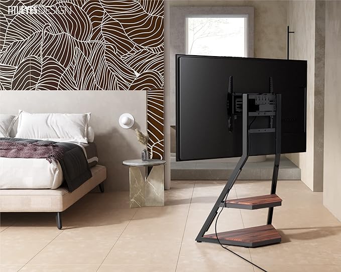 FITUEYES Design Corner TV Stand for 32 43 50 55 65 Inch TVs, Small Spaces Floor TV Stand Rolling TV Cart for LCD/LED Flat Curved Screens, Modern Living Room Television Stands, Eiffel Series, Walnut