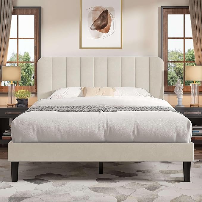 VECELO Full Size Bed Frame with Upholstered Headboard, Velvet Platform Bedframe Mattress Foundation, Strong Wood Slat Support, No Box Spring Needed,Velvet Beige