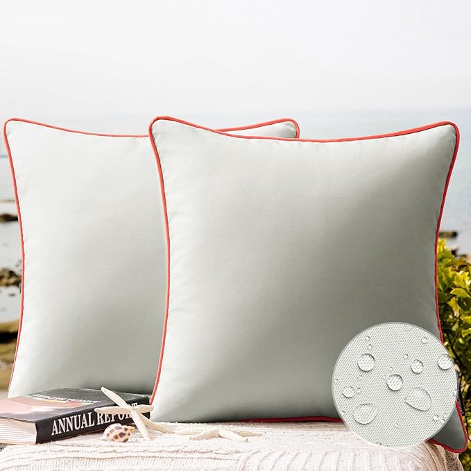 Phantoscope Pack of 2 Outdoor Waterproof Throw Pillow Covers with Contrast Piping, Decorative Square Cushion Case Patio Pillows for Couch Tent Sunbrella, Light Grey 18x18 inches