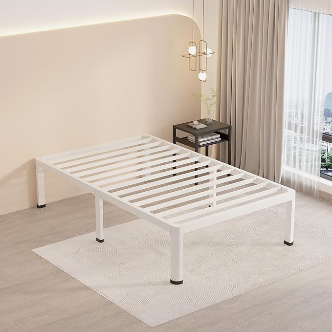MAF 14 Inch Twin Metal Platform Bed Frame White with Round Corner Legs, 3000 LBS Heavy Duty Steel Slats Support, Noise Free, No Box Spring Needed, Easy Assembly