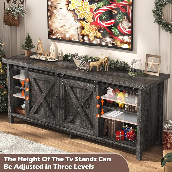 Farmhouse TV Stand for 65 Inch TV with Sliding Barn Door, Rustic Wood Entertainment Center Large Media Console Cabinet Long Television Stands,Console Table and Media Furniture for Living Room(Grey)