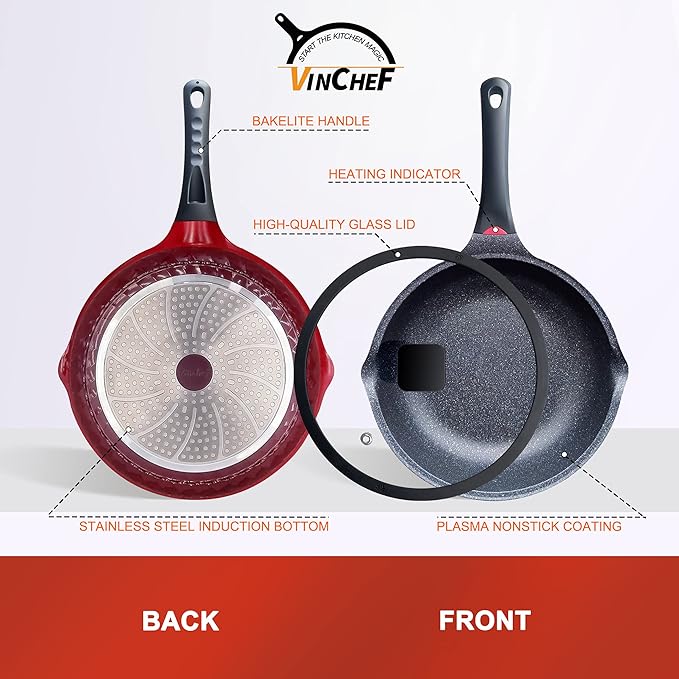 Vinchef Nonstick Skillet with Lid, 11In/5Qt Aluminum Deep Frying Pan with Lid and Heat Indicator, Anti Scratch and Anti Stain Deep Saute Pan, Induction Compatible