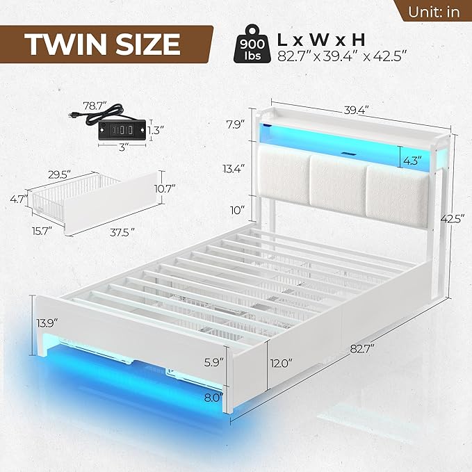 Rolanstar Bed Frame Twin Size with Charging Station and LED Lights, Upholstered Storage Headboard with Drawers, Heavy Duty Metal Slats, No Box Spring Needed, Noise Free, Easy Assembly, White