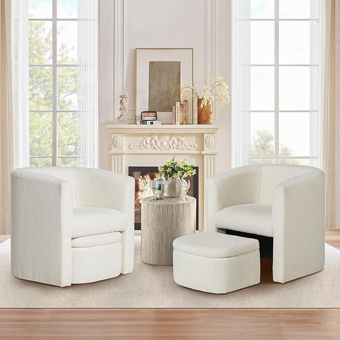 COLAMY Upholstered Sherpa Barrel Accent Chair with Storage Ottoman, Morden Living Room Chair, Armchair Single Sofa for Bedroom/Reading Spaces, Cream