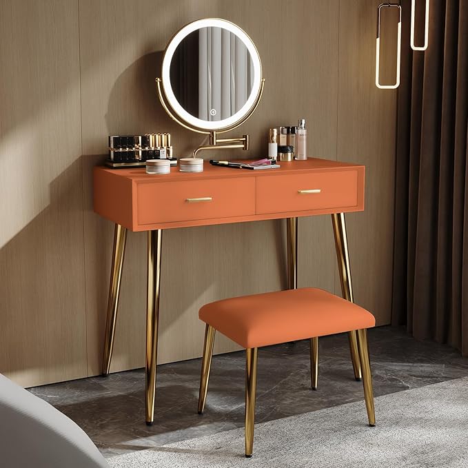 IKuinen Makeup Vanity Desk with Mirror and Lights, Small Vanity Table with 2 Drawers, Stool,Vanity Set for Bedroom with Microfiber Leather, 3 Lighting Modes - 31.5In Orange