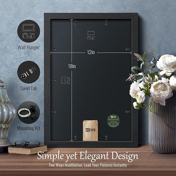 VCK 12x18 Poster Frame - 2 pack, Solid Wood Picture Frames with Polished Plexiglass, Wall Hanging (black)