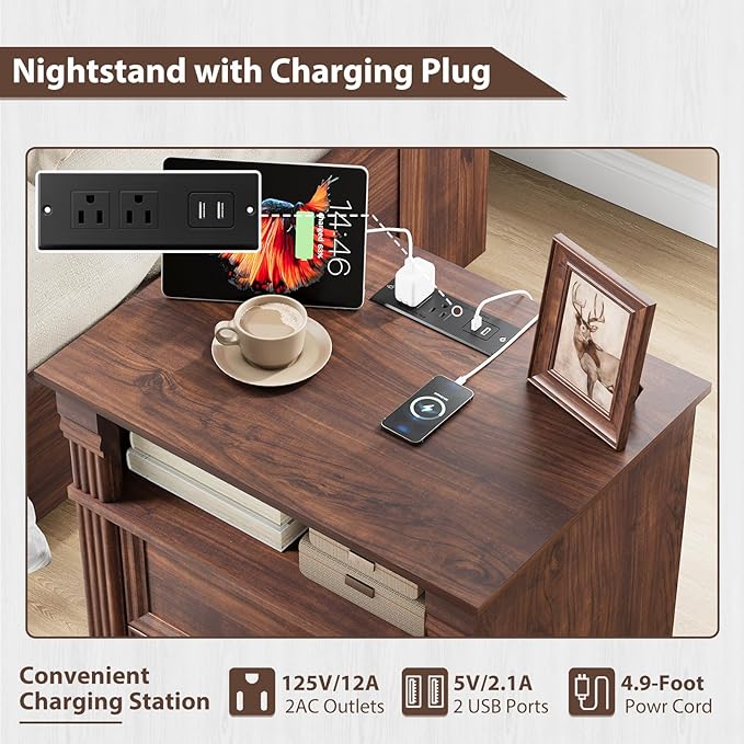 Walnut Nightstand Set of 2 with Charging Station, Farmhouse End Table with 2 Drawers and Open Shelf, Wooden Bedside Table with Metal Handles, Vintage Design, Organizer for Bedroom, Hallway