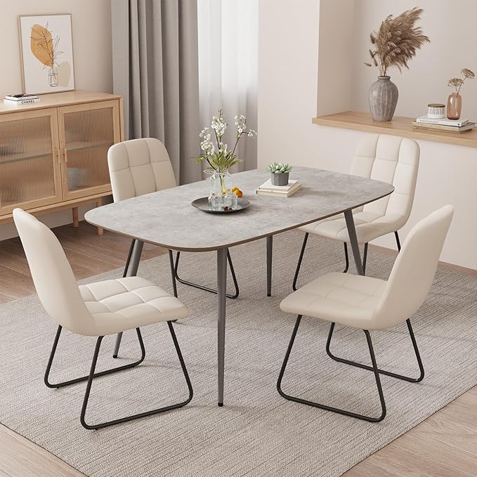47.2'' Dining Table Set for 4,Modern Wood Dining Table,Leather Dining Chairs 4,Table and Chairs Set of 4,Ideal for Kitchen Dining Room (Gray Table + 4 U-Shaped White Chairs, 47.2")