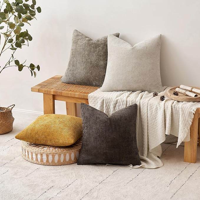 MIULEE Pack of 4 Couch Throw Pillow Covers 20x20 Inch Neutral Gold/Brown Soft Decorative Chenille Pillow Covers Farmhouse Accent Cushion Covers for Boho Home Decor Sofa Bedroom Living Room