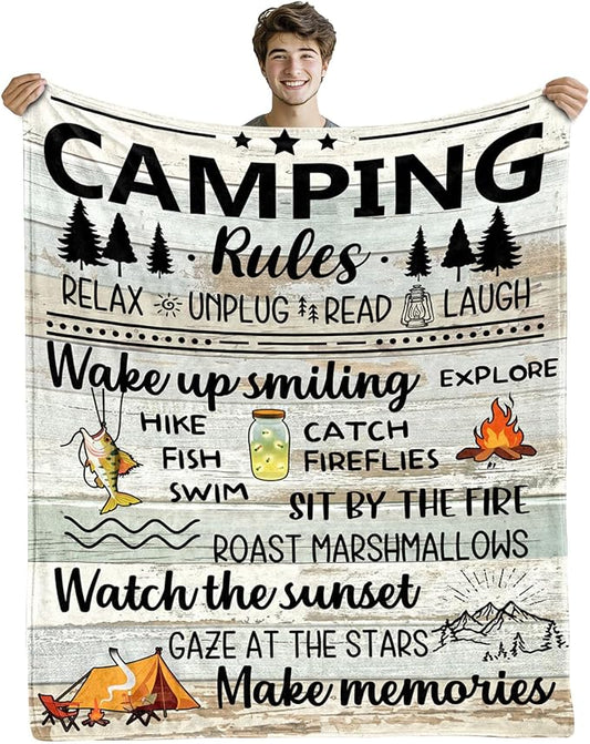 Camping Gifts for Women Men, Camp Blanket Gifts for Camper Lovers, Happy Campers Decor Outdoor Travel Hiking 50" x 60", Camping Rules Throw Blanket for Fathers Day