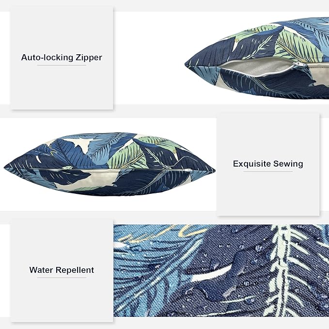 Pack of 2 Patio Throw Pillow Covers ONLY, Water Repellent Cushion Cases 20x20 Inch, Square Pillowcases for Outdoor Couch Decoration, Swaying Palms Blue