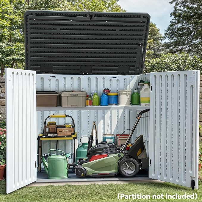 YITAHOME Large Outdoor Horizontal Storage Shed, 47 cu ft Resin Tool Shed w/o Shelf, Outdoor Waterproof Storage with Floor for Trash Cans, Garden Tools, Lawn Mower, Lockable, 4.5x2.8x3.9 ft, Light Gray