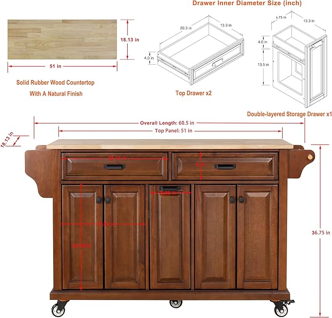 Rolling Solid Wood Kitchen Island with Rubberwood Top, 3 Drawers, 2 Cabinets, Adjustable Shelves, Spice Rack & Locking Wheels – Farmhouse Mahogany Painted Finish