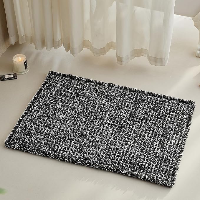 Black and White Bathroom Rugs, Waffle Bath Mat Non Slip Washable Super Absorbent Quick Dry Boho Farmhouse Bathroom Decor, 30"x20" Black and White