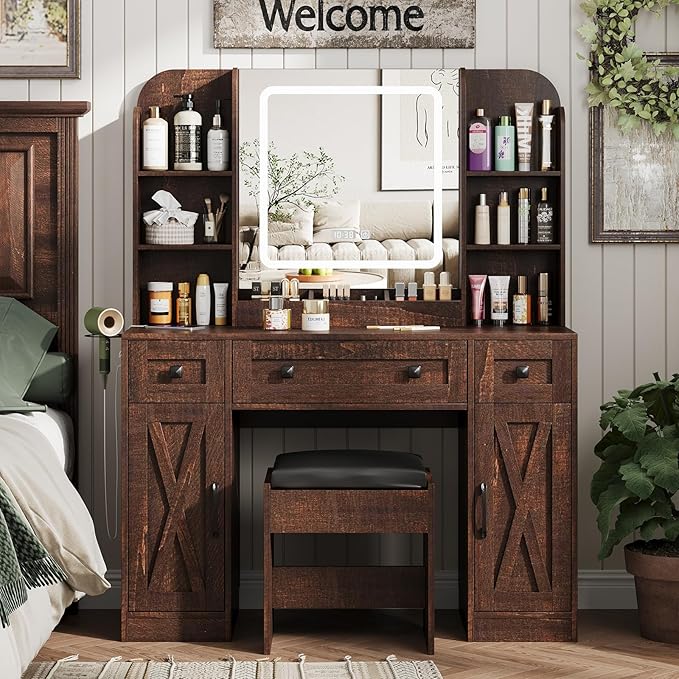 Vabches Makeup Vanity Desk, Vanity Mirror with Lights Desk and Chair,Makeup Table with 3 Large Drawers and 2 Cabinets, Time and Temperature Display, 3 LED Lighting Modes Adjustable, Brown